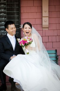 Wedding Planning, Bride and Groom with Bouquet at Train Station